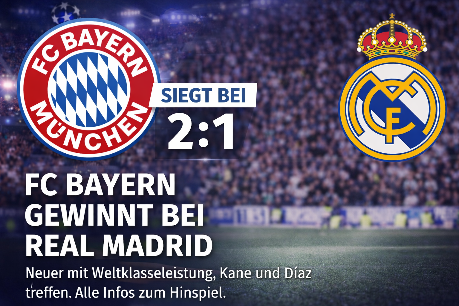 FC Bayern München gewinnt bei Real Madrid 2:1 im Champions-League-Viertelfinale. Neuer mit Weltklasseleistung, Kane und Díaz treffen. Alle Infos zum Hinspiel.